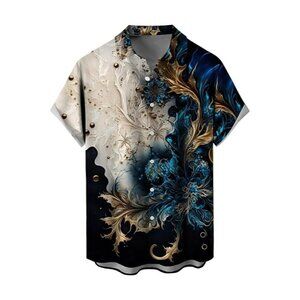 Royaura color block blue, gold & white Hawaiian shirt, size XXL
